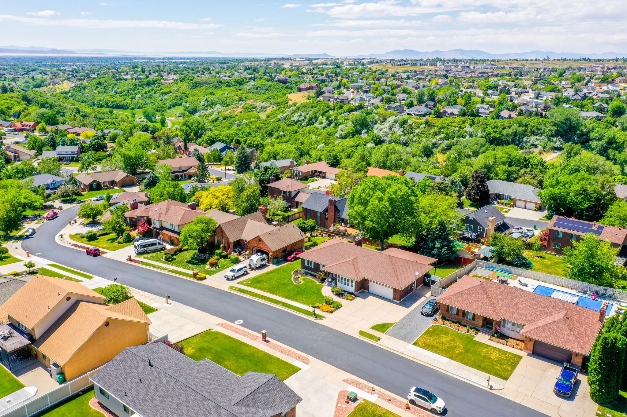 Aerial perspective showcasing a residential neighborhood with varied architectural styles and mature landscaping