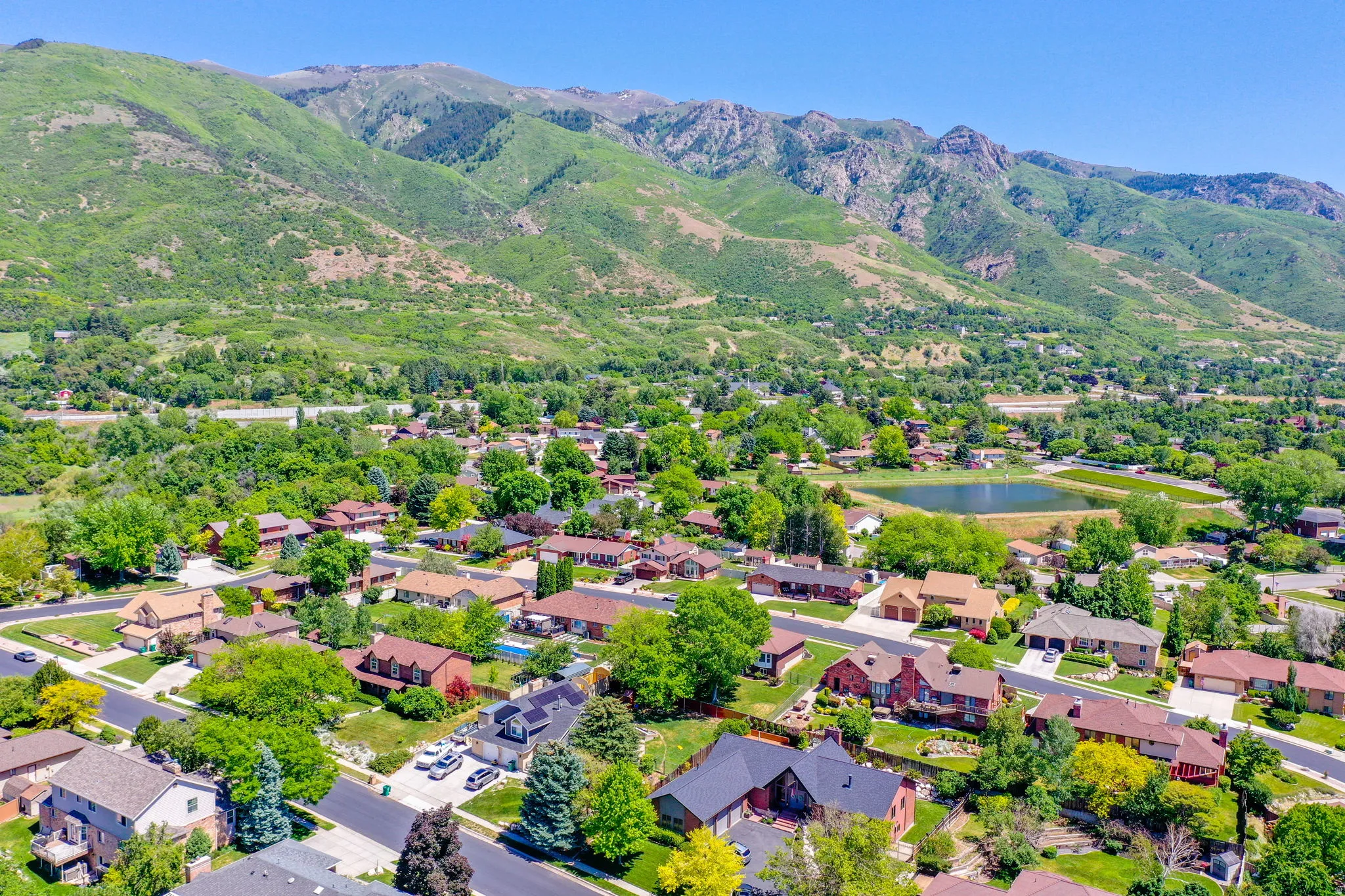 Expansive residential area featuring a variety of homes, mature trees, and paved streets