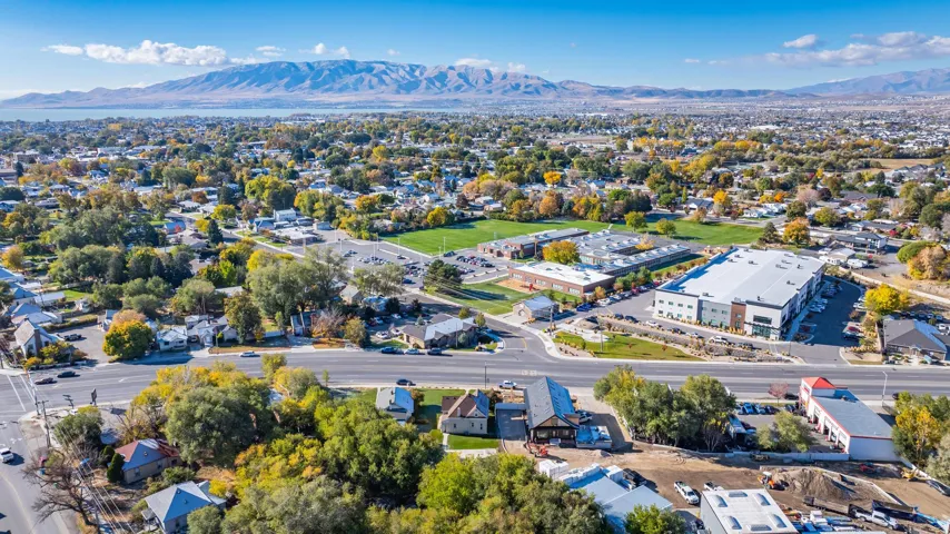 Expansive aerial perspective showcasing a residential landscape with diverse architectural styles, mature trees, and a prominent commercial building