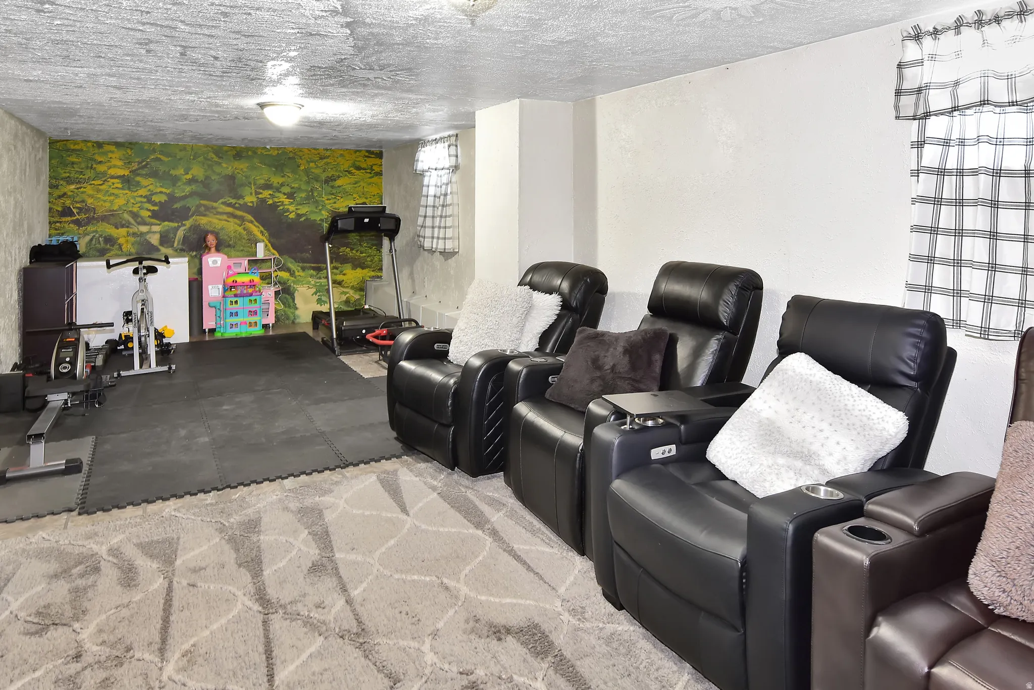 Spacious recreation room featuring a patterned area rug, textured ceiling, a decorative wall mural, and natural light from a window with plaid valance