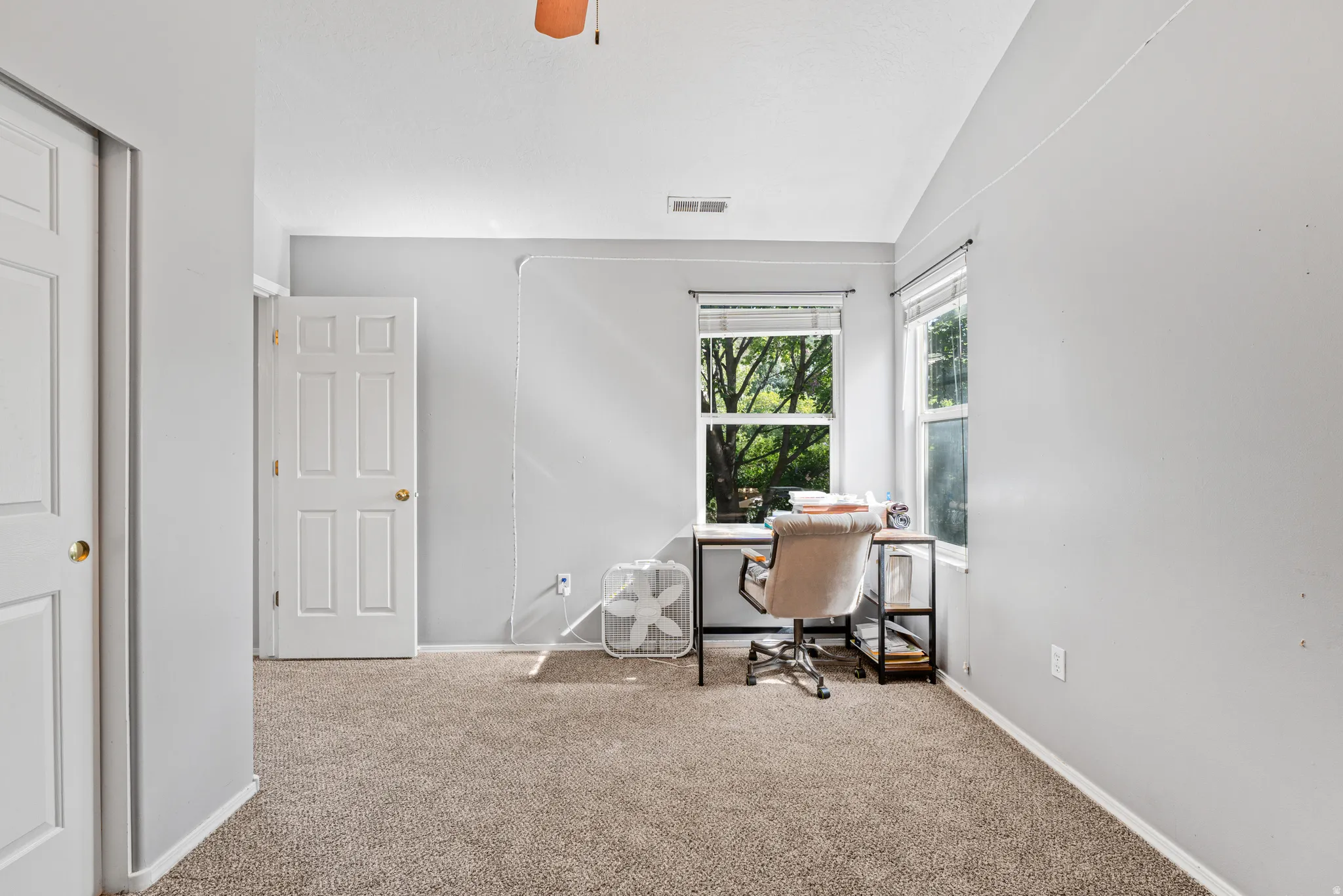 Carpeted flooring, white paneled doors, and multiple windows