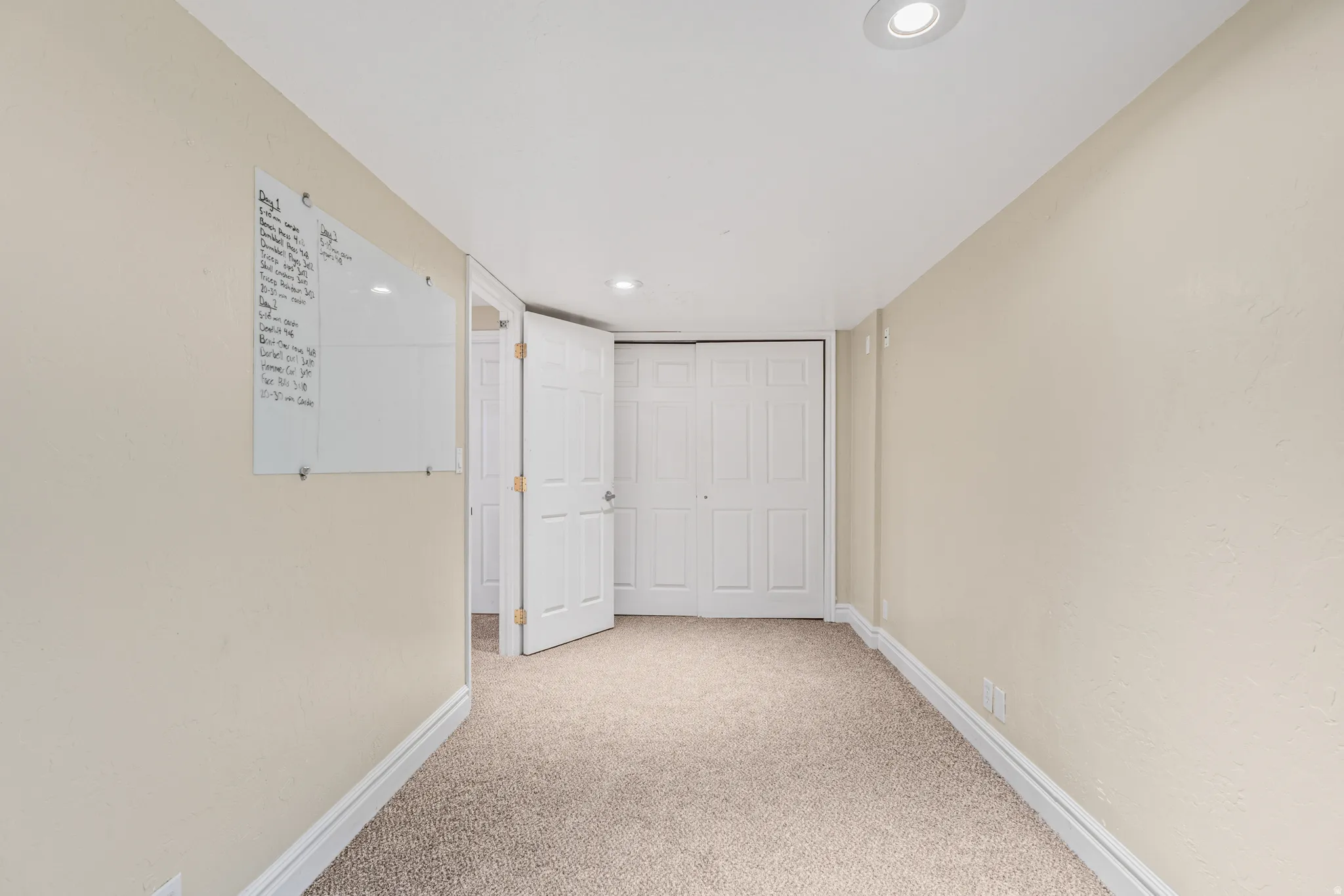 Recessed lighting, neutral-toned walls, and carpeted flooring