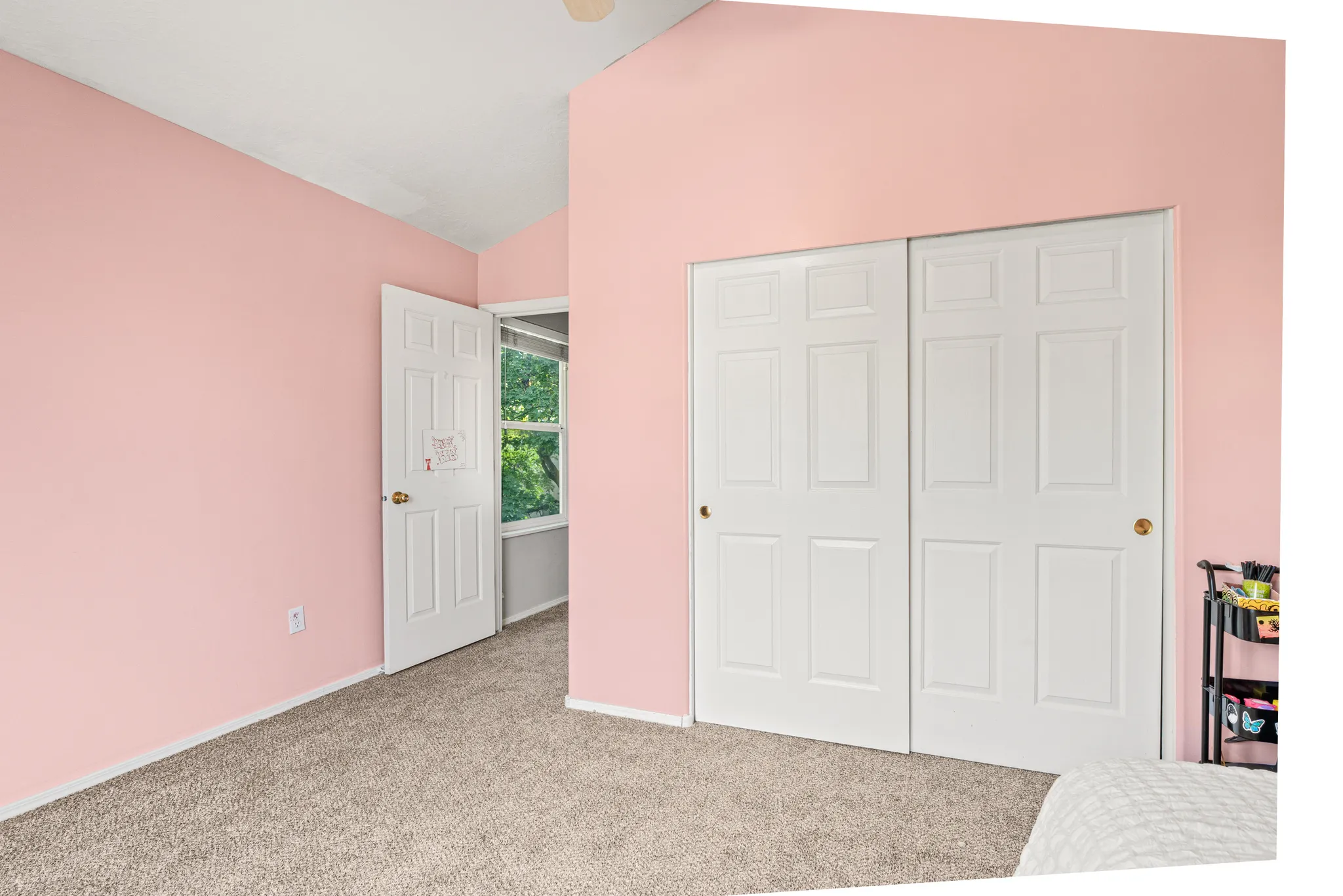 Vaulted ceiling, paneled interior doors, and carpet flooring