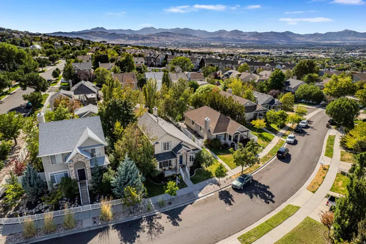 Residential neighborhood with a curved paved road, mature trees, and mountainous background