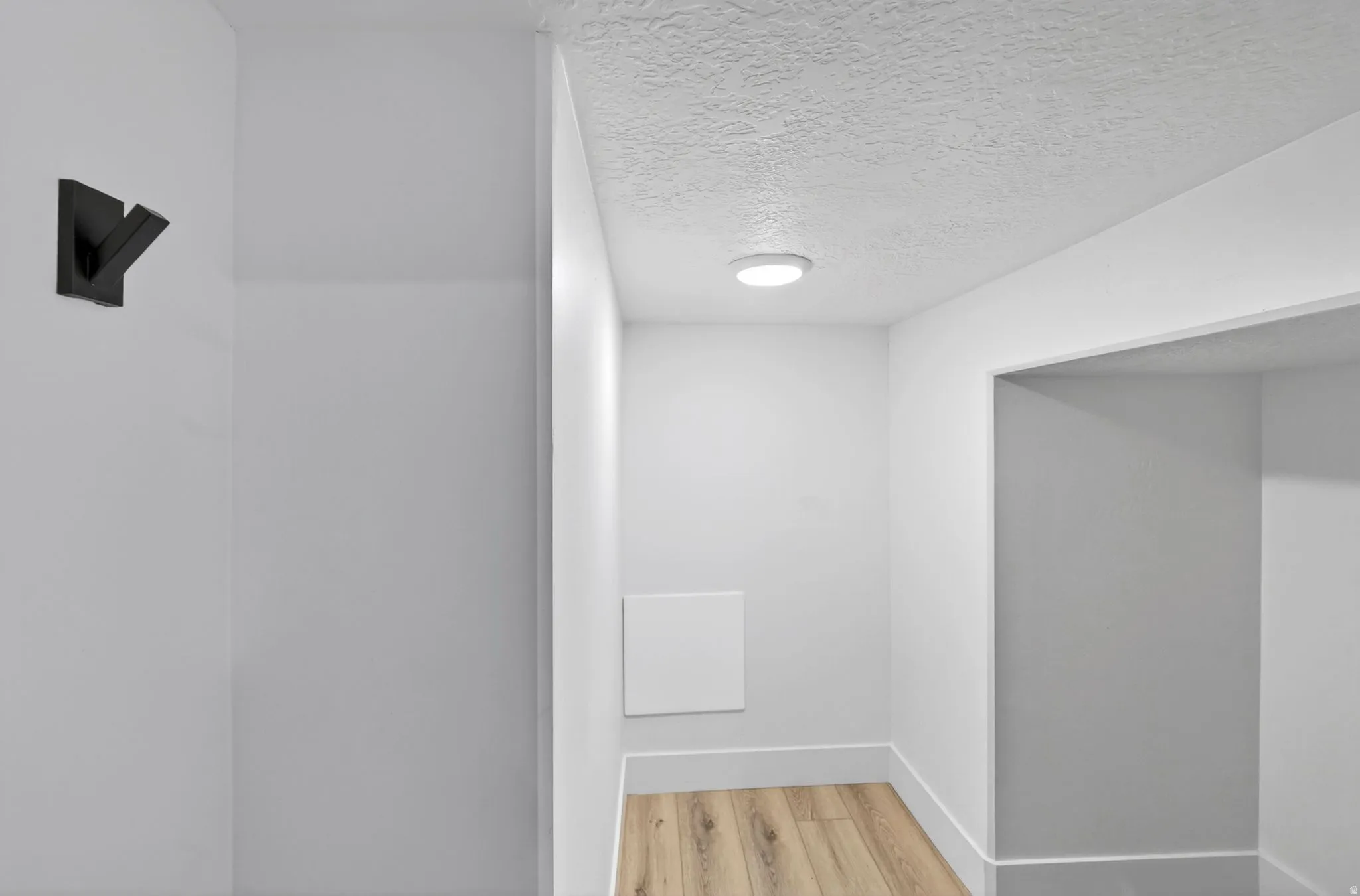 Entryway featuring light wood-finish flooring, white baseboards, and a contemporary matte black wall-mounted coat hook