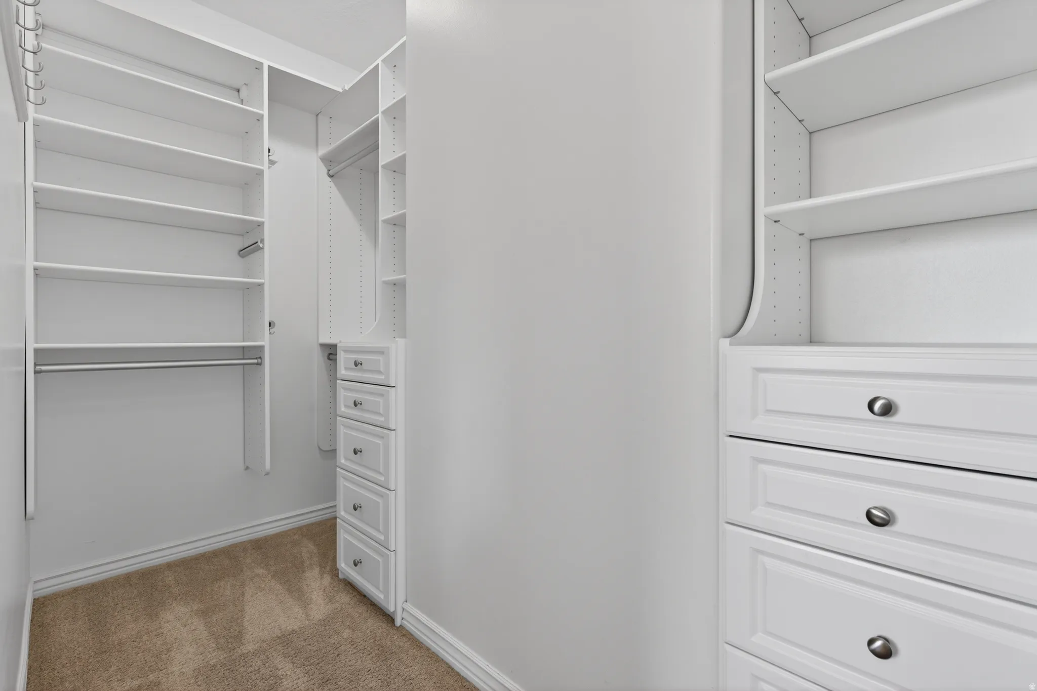 Walk-in closet featuring white built-in shelving, multiple hanging rods, built-in drawer storage, and neutral-toned carpeting