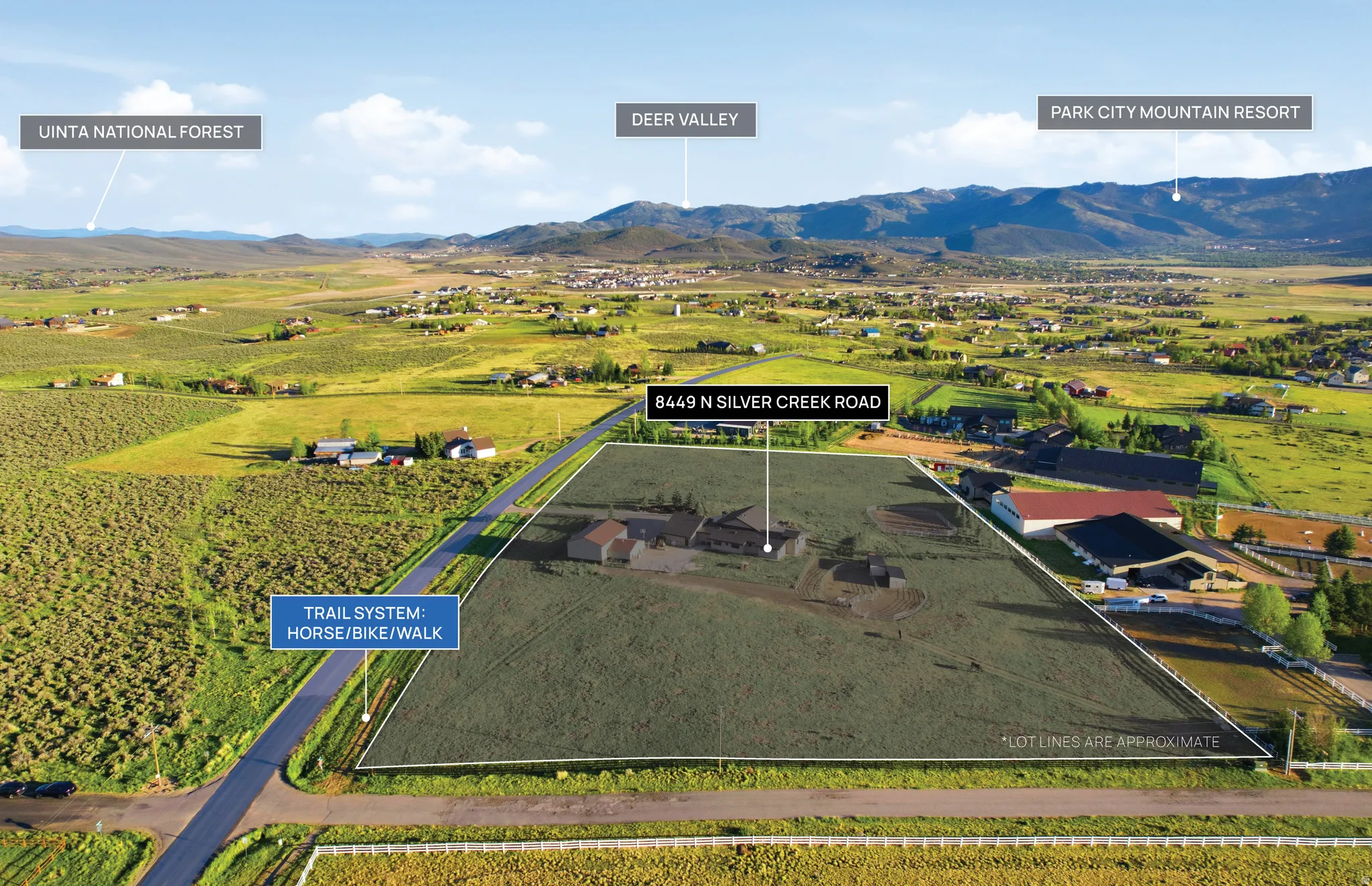 Expansive property featuring a large residence, surrounding grounds, and direct access to a horse, bike, and walk trail system
