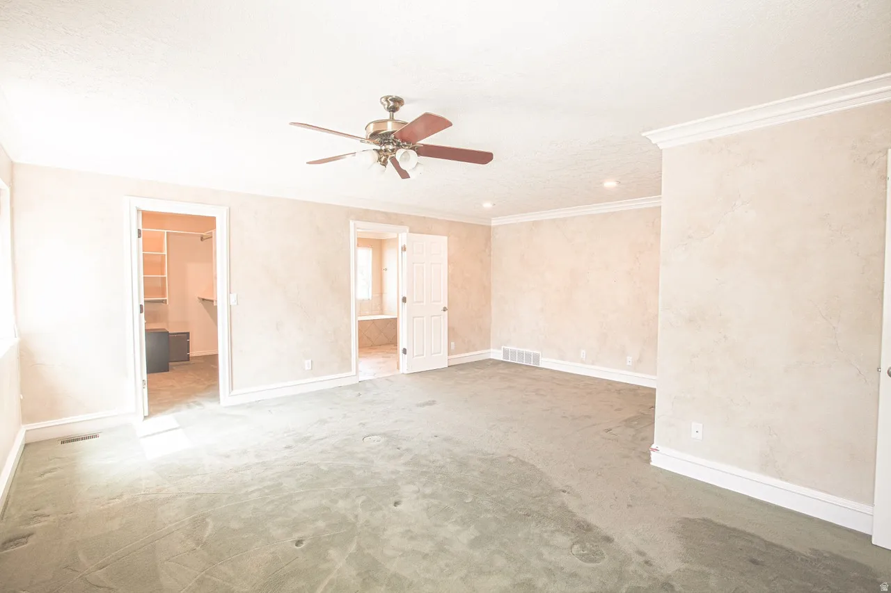 Spacious interior room featuring a ceiling fan, crown molding, and baseboard trim