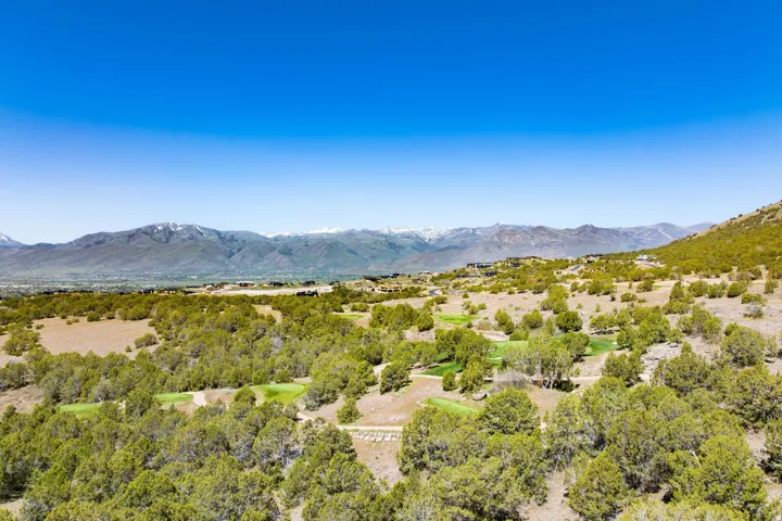 Expansive hillside property featuring established trees, mountainous terrain, and distant snow-capped peaks