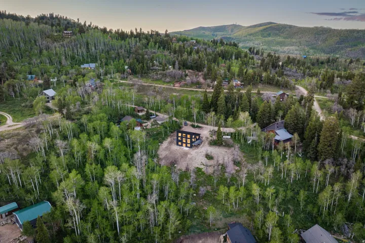 Mountainous landscape featuring abundant evergreen and deciduous trees, with multiple properties nestled amongst the foliage