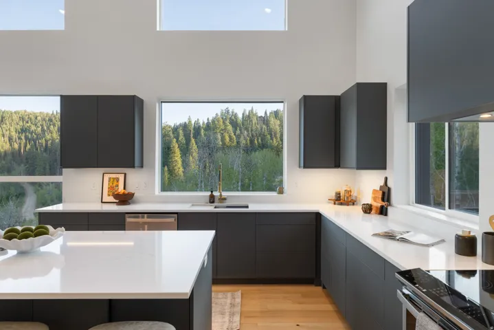 Modern kitchen featuring dark-toned cabinetry, light-toned countertops, and wood-finish flooring