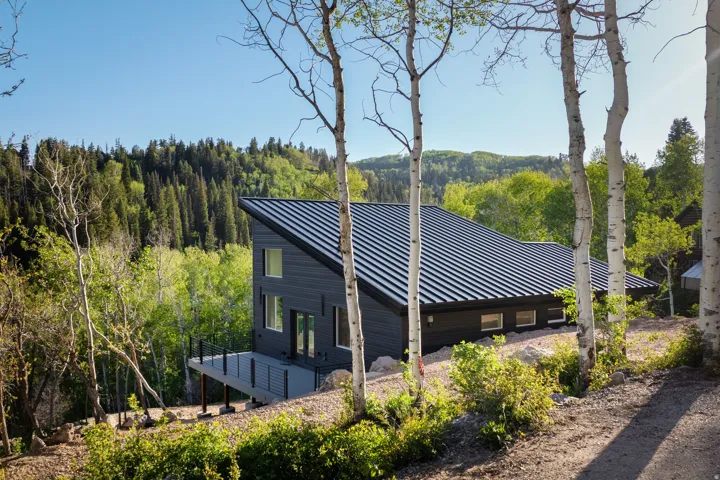 Modern angular exterior featuring dark siding, a black metal roof, and an elevated deck with metal railings
