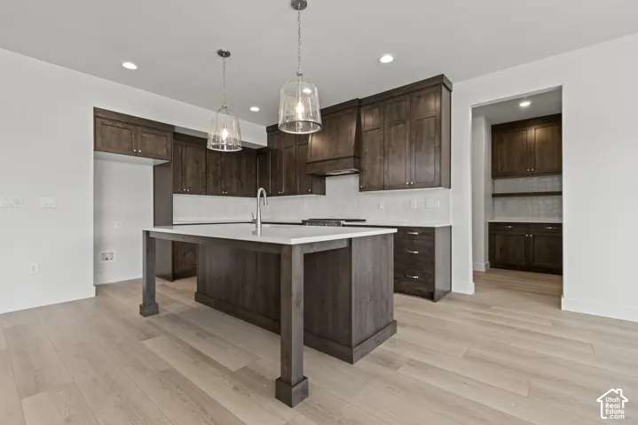 Kitchen featuring wood-finish flooring, dark wood cabinetry, and a white tile backsplash