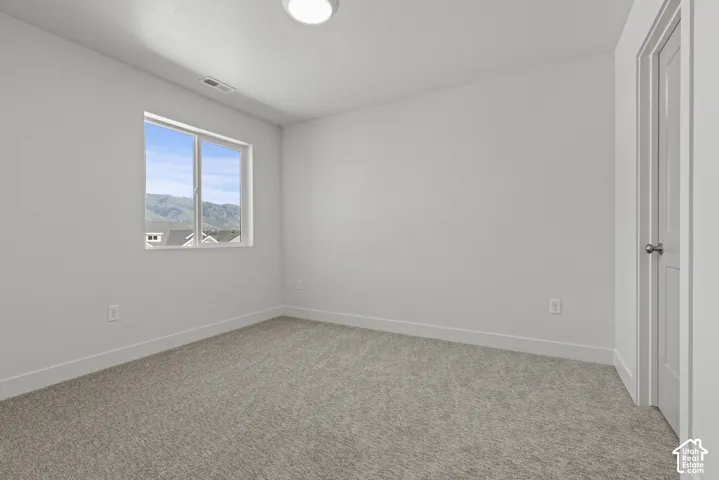 Room featuring light gray carpet flooring, white baseboards, and a white ceiling with a flush-mount light fixture