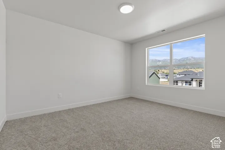 Spacious room featuring a large window with mountain scenery, neutral carpeting, white baseboards, and a flush-mount ceiling light fixture