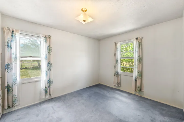 Carpeted room with white walls, two double-hung windows, and a flush-mount ceiling light fixture