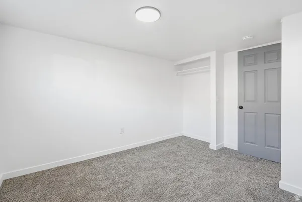 Room featuring light gray carpet flooring, white walls, and a built-in closet with shelving and hanging rod