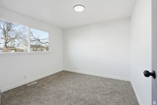 Bright room featuring a large window, neutral carpeting, white walls, white baseboards, and a flush-mount ceiling light