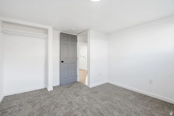 Carpeted room with white walls, a gray paneled door, and an open closet space with a clothing rod
