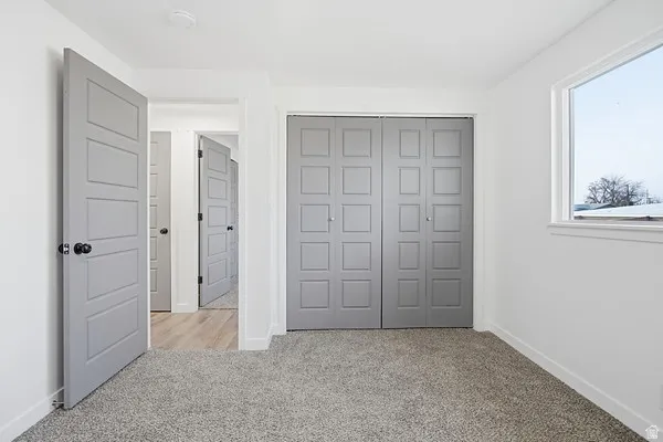 Bedroom featuring light gray carpet flooring, white walls, a large window, and light gray bi-fold closet doors