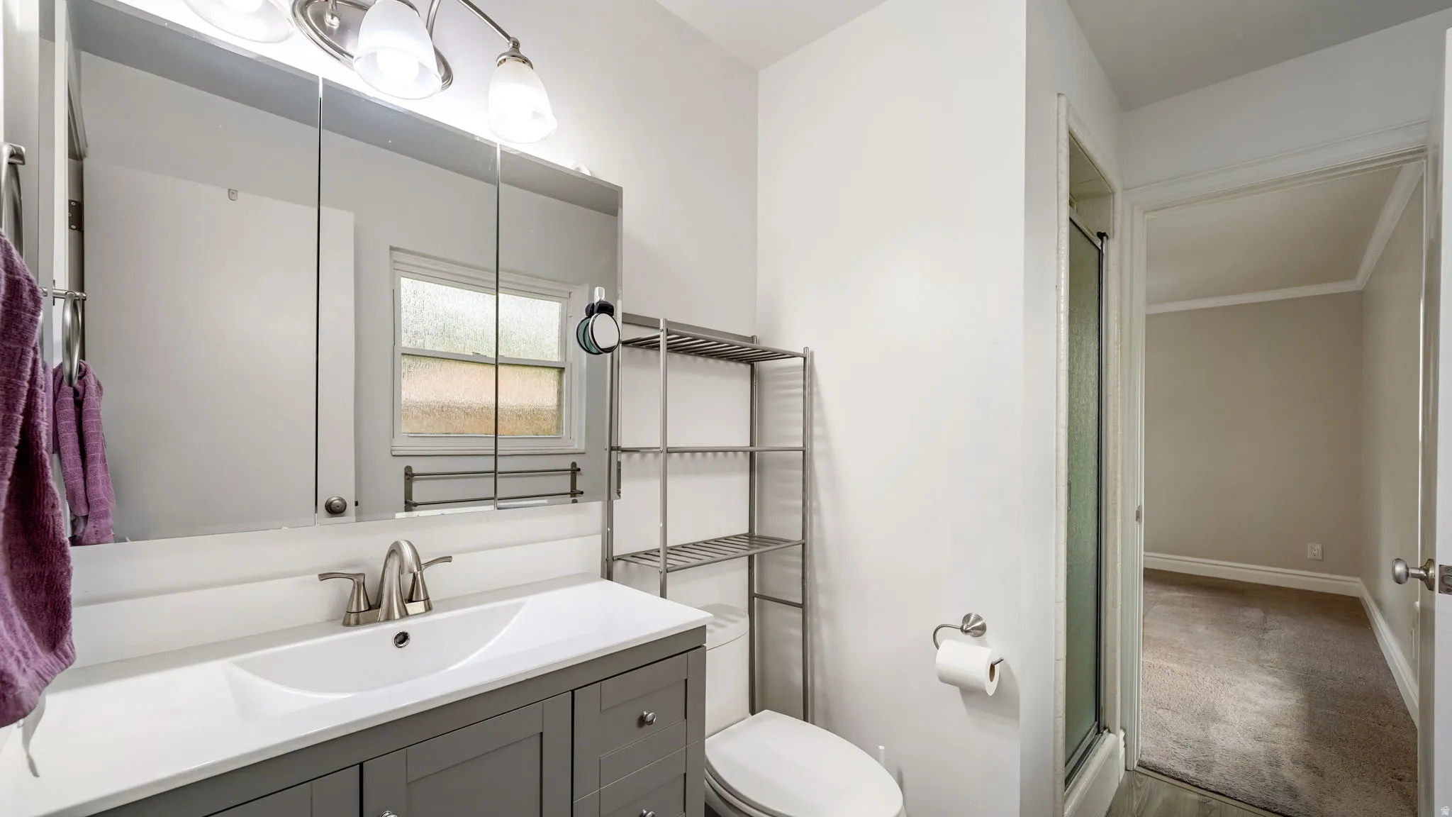 Bathroom featuring a gray vanity with an integrated white sink, brushed nickel faucet, and overhead lighting fixture