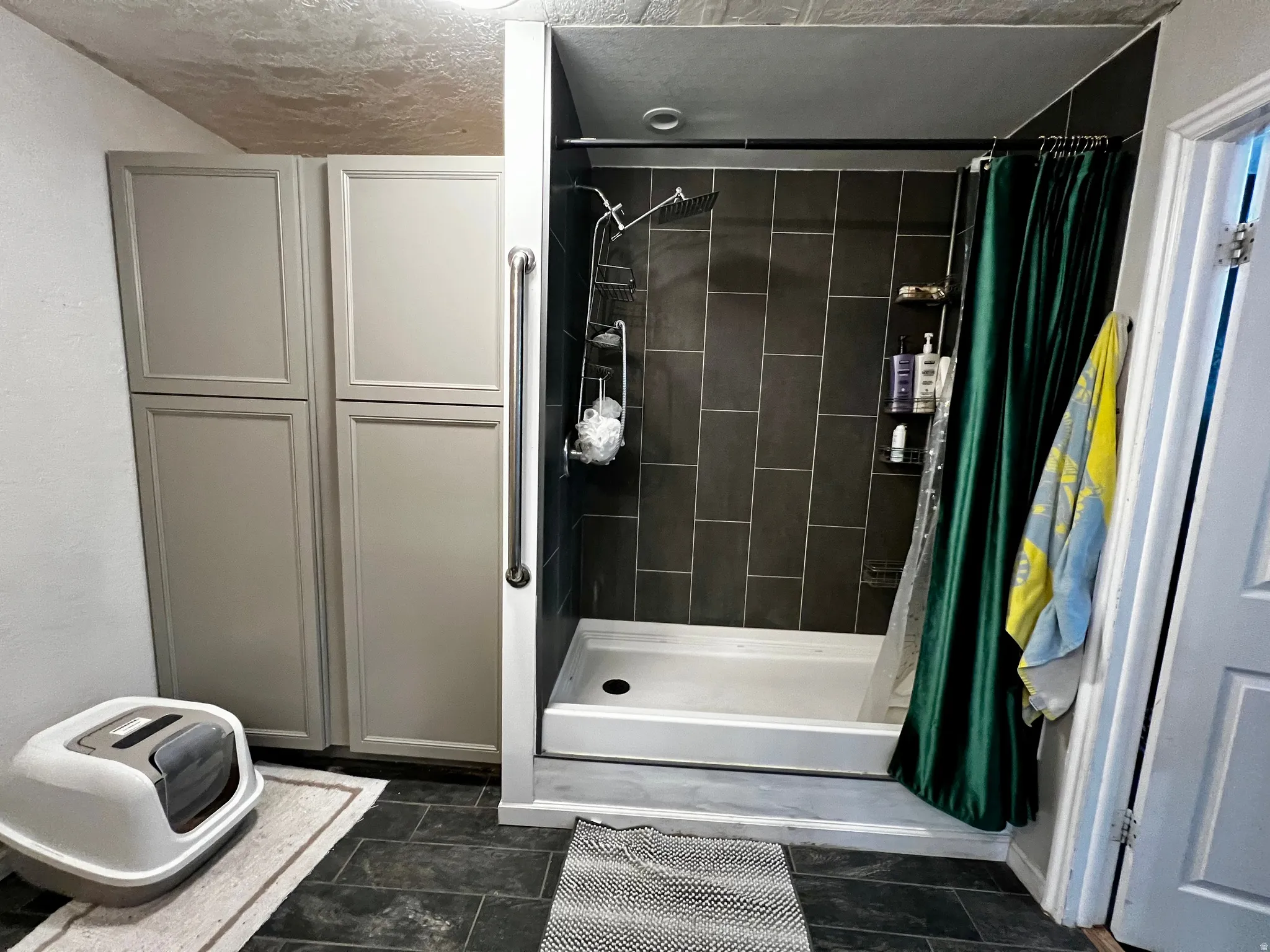 Spacious shower with dark tiled surround and white shower pan