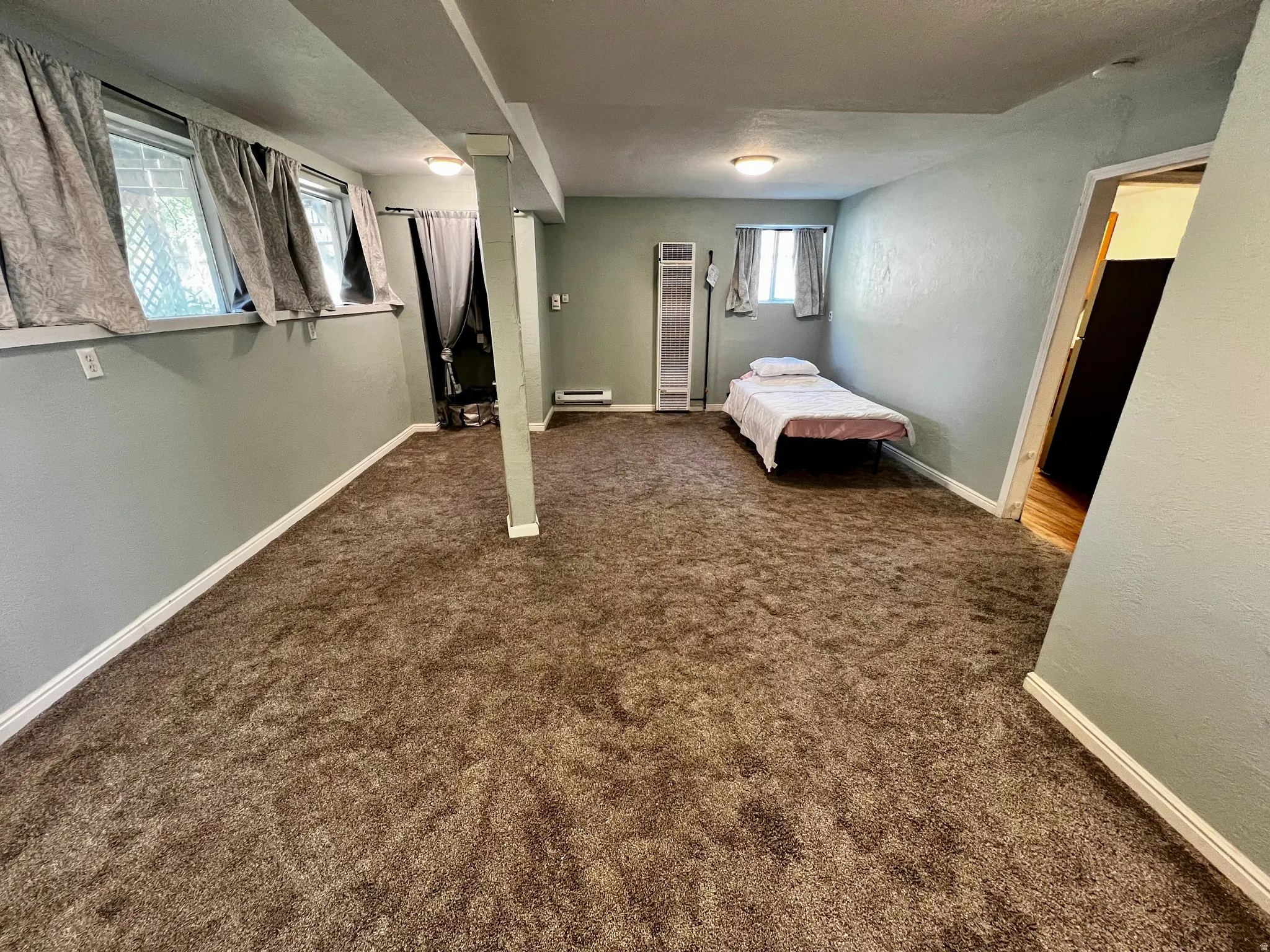 Spacious room featuring textured brown carpeting and light green painted walls