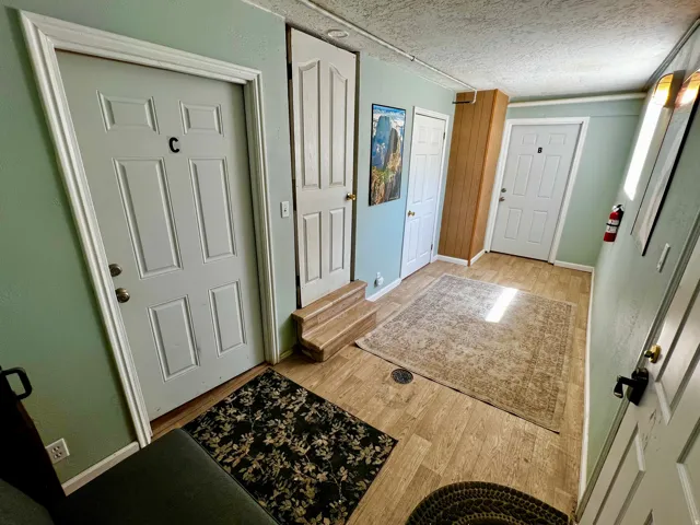 Entryway featuring wood-finish flooring, light green wall paint, and white paneled doors