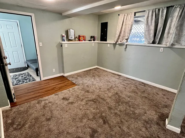 Spacious interior room featuring plush brown carpeting and light green walls