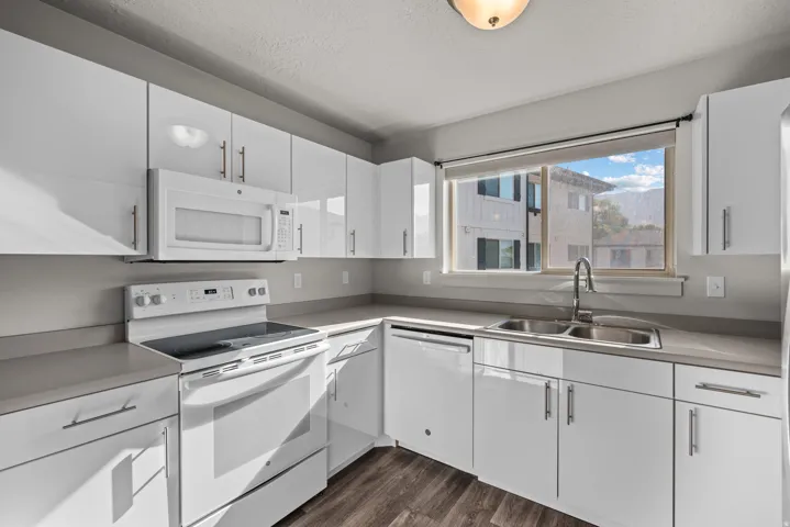 Kitchen featuring white cabinetry, light-toned countertops, a dual basin stainless steel sink with a gooseneck faucet, and wood-finish flooring