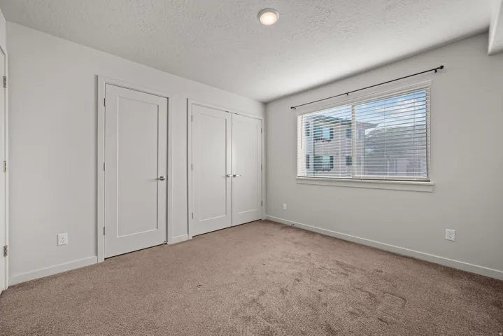 Room featuring neutral-toned carpet flooring, a large window with horizontal blinds, and a surface-mounted ceiling light fixture