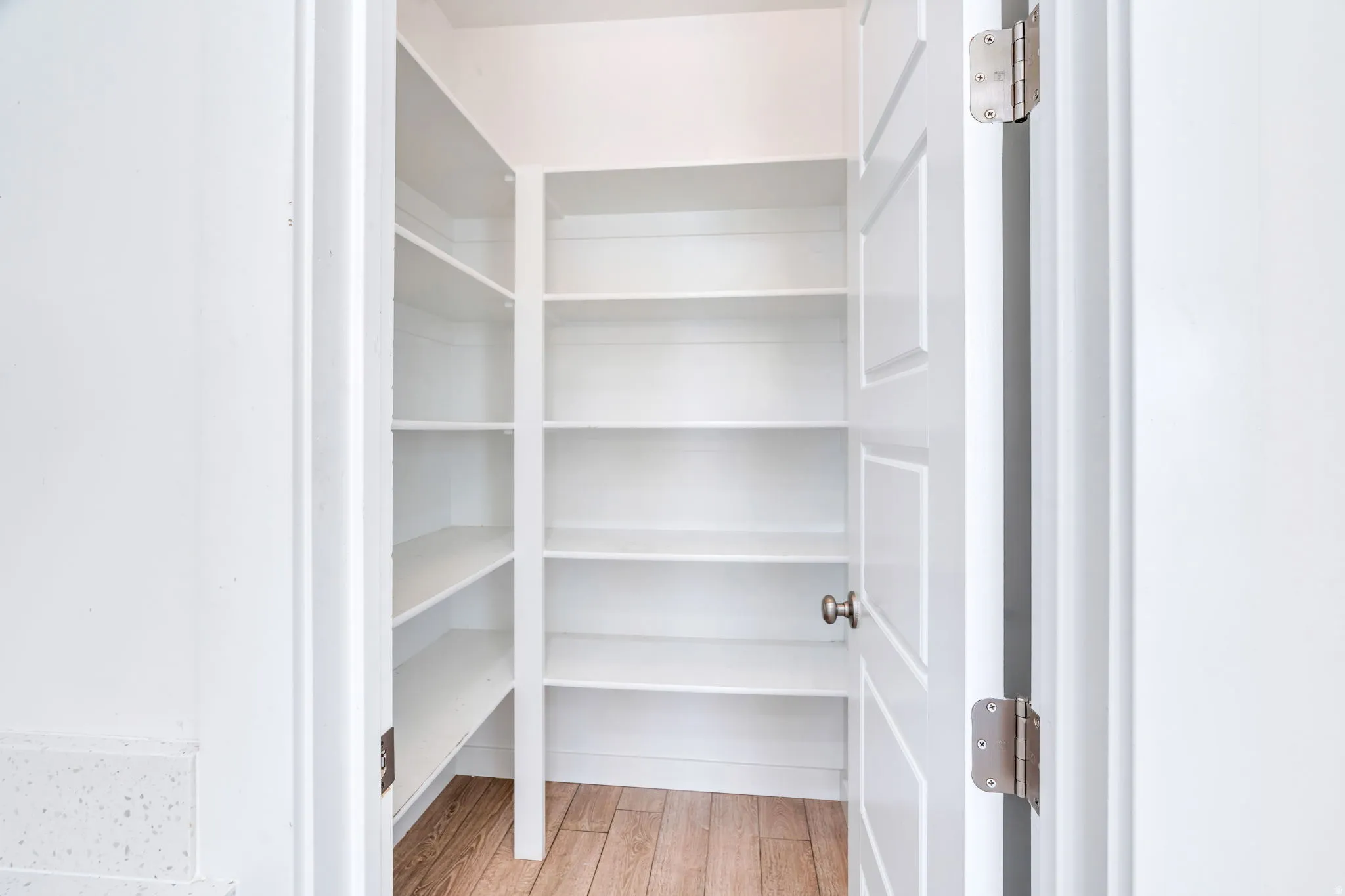 Walk-in pantry featuring white shelving, wood-finish flooring, and a paneled door