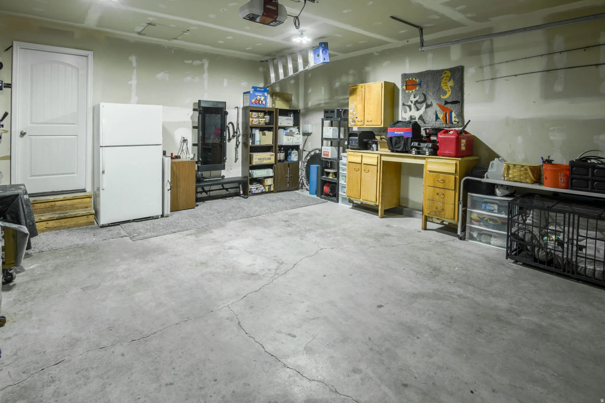 Spacious concrete-floored garage featuring a pedestrian door with steps, built-in cabinetry, and overhead lighting