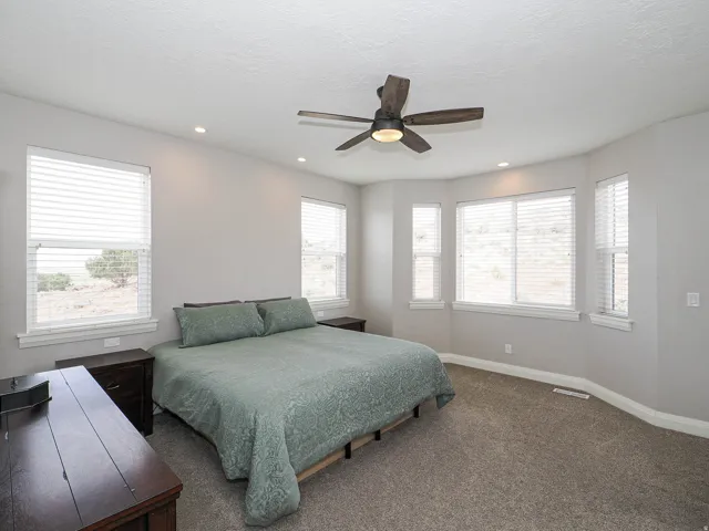 Spacious bedroom featuring multiple windows with blinds, a ceiling fan with integrated lighting, recessed lighting, and neutral carpeting