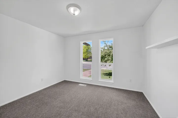 Room with two large windows, neutral gray carpet, white walls, and a ceiling-mounted light fixture