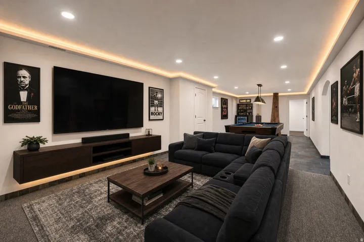 Virtual staging included to showcase room potential. Spacious recreation area featuring a large built-in media console, recessed lighting, and accent cove lighting
