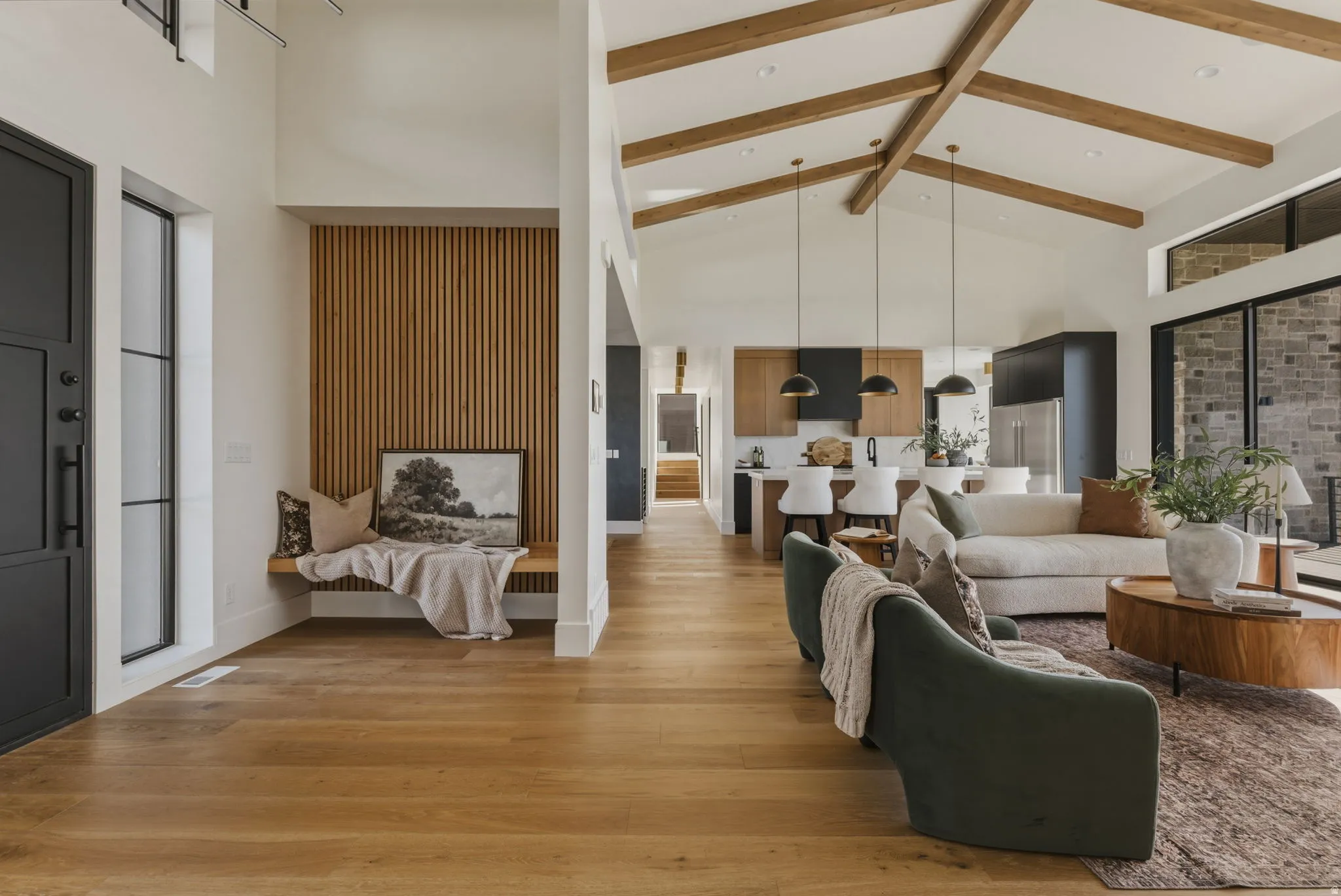 Vaulted ceiling with exposed wood beams