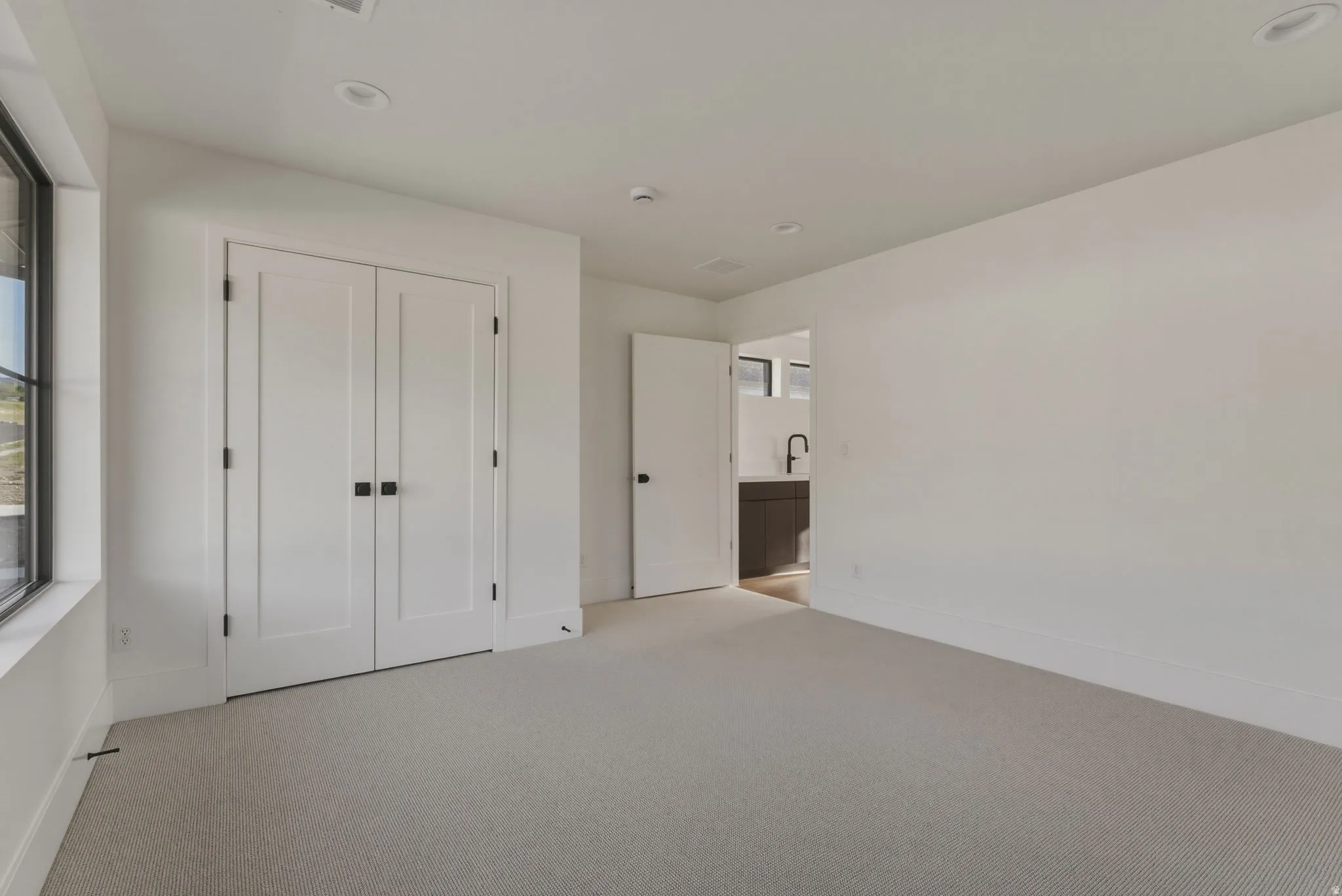 Spacious room featuring light-toned carpet flooring, a large window with dark trim, and a double-door closet