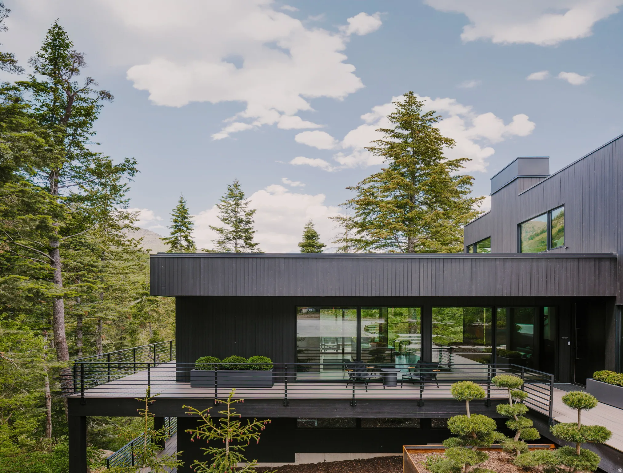 Modern exterior featuring dark wood-look siding and expansive glass panels
