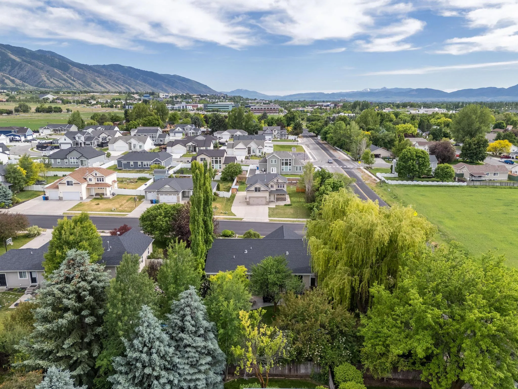 Expansive residential neighborhood featuring a variety of single-family homes with pitched roofs, mature trees, and paved streets