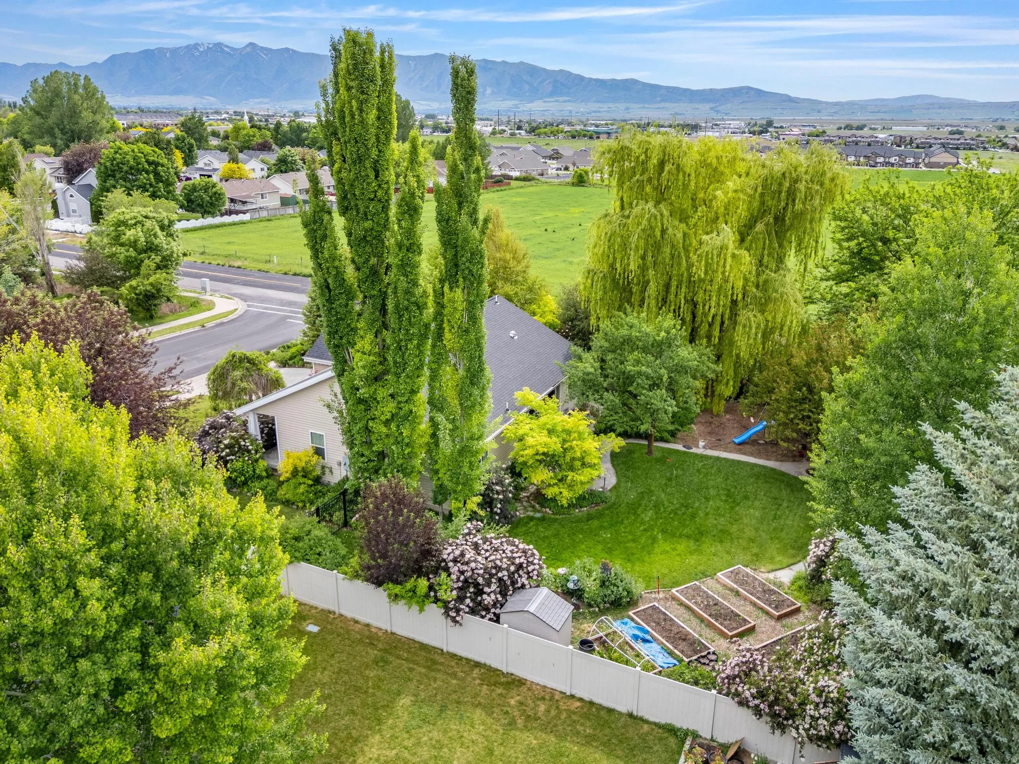 Expansive property featuring a verdant lawn, mature trees, and raised garden beds