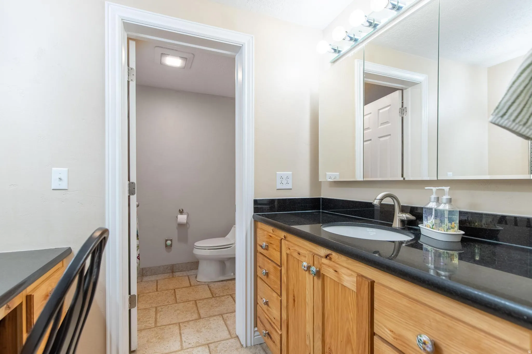 Bathroom vanity featuring light wood cabinetry, a dark countertop, an undermount sink, and a multi-bulb light fixture