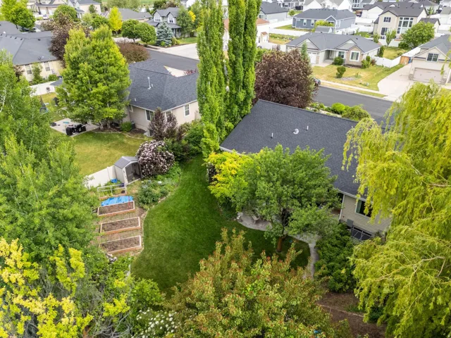 Expansive backyard with a manicured lawn, established trees, multiple raised garden beds, and a storage shed