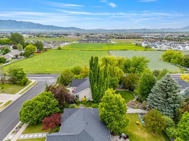 Expansive green fields bordering residential properties under a clear blue sky
