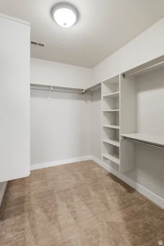 Spacious walk-in closet featuring built-in shelving, multiple hanging rods, neutral carpeting, and a flush-mount ceiling light fixture