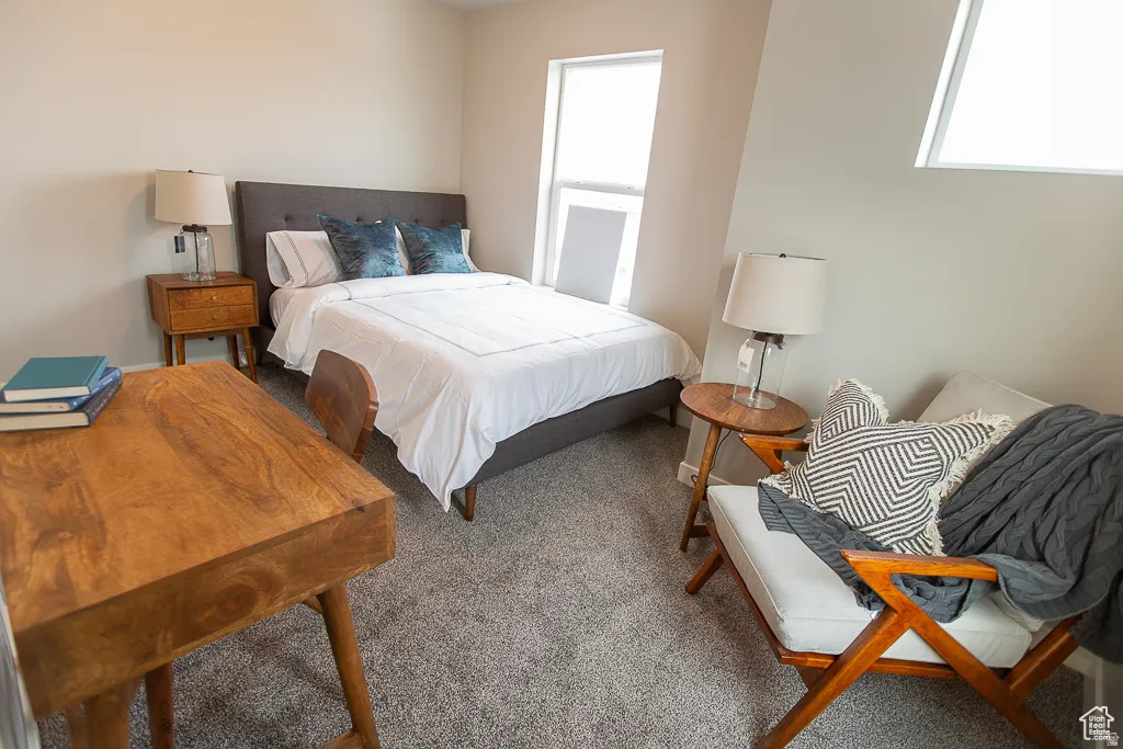 Carpeted bedroom with a window and an angular skylight