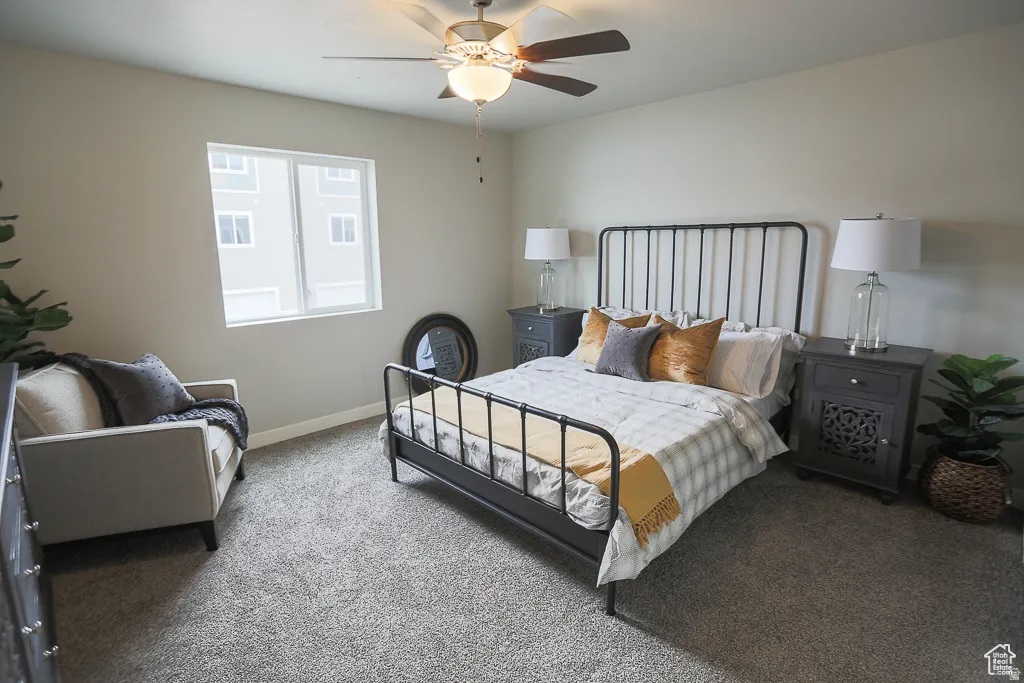 Carpeted interior space featuring a ceiling fan with integrated lighting, a single window, and painted walls