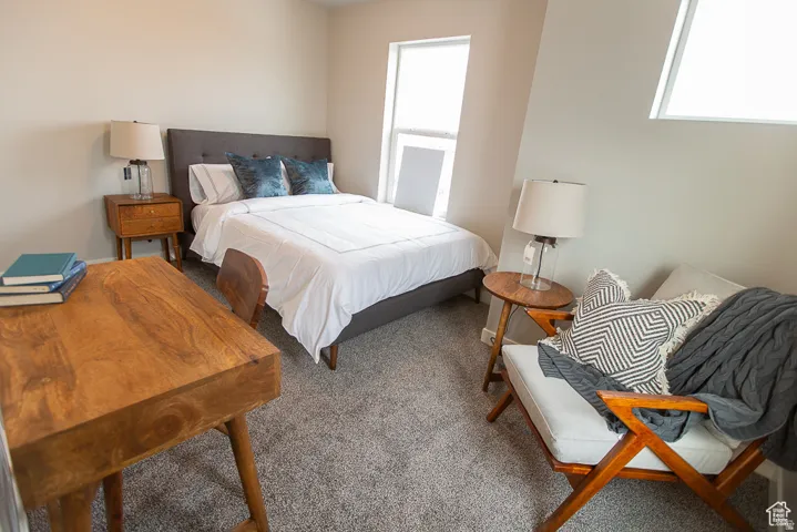 Carpeted bedroom with a window and an angular skylight