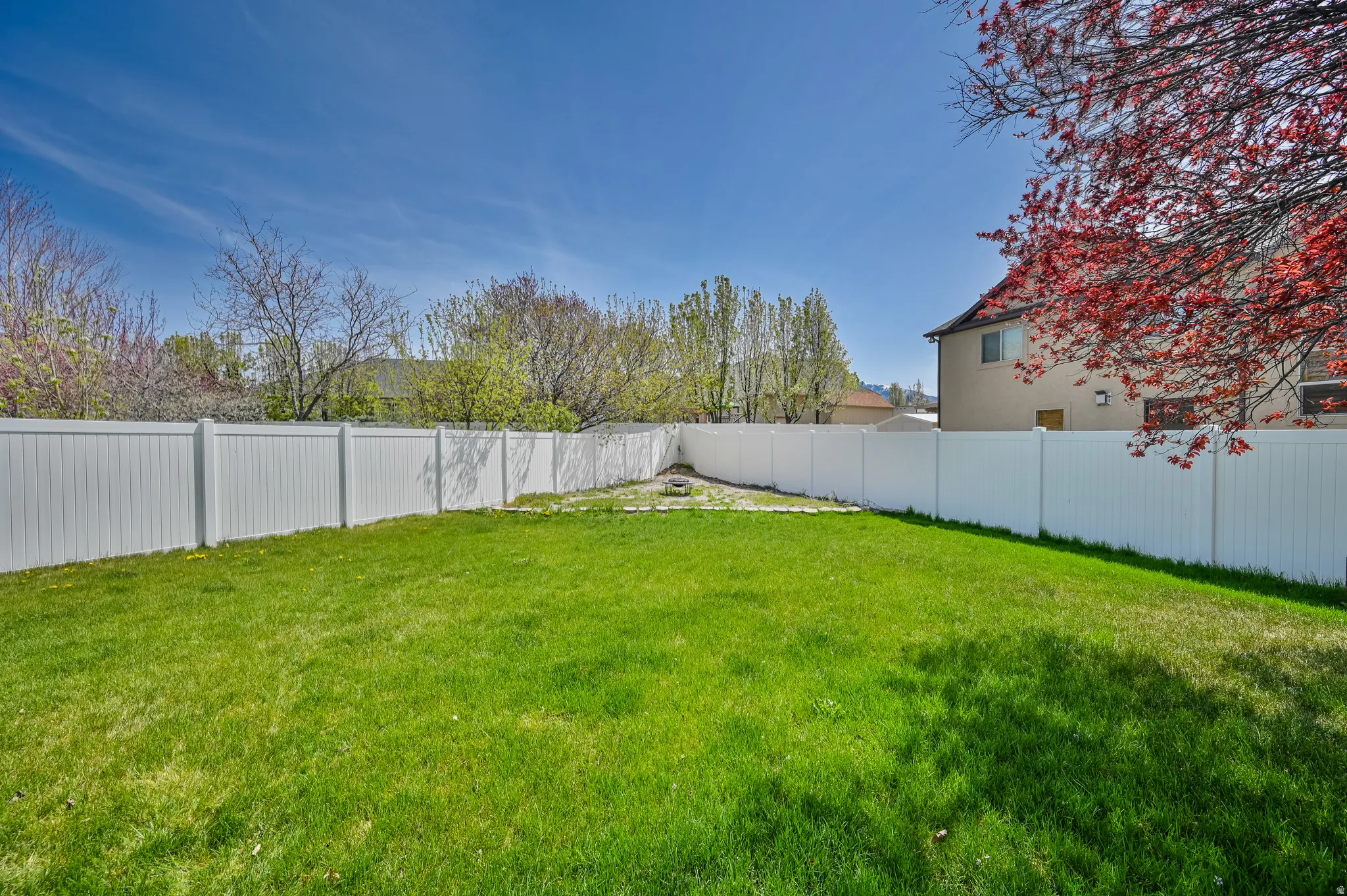 Expansive green lawn area surrounded by a privacy fence