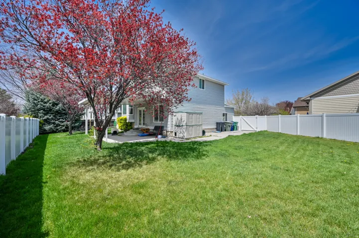 Spacious backyard featuring a large lawn, mature trees, white privacy fencing, and a concrete patio
